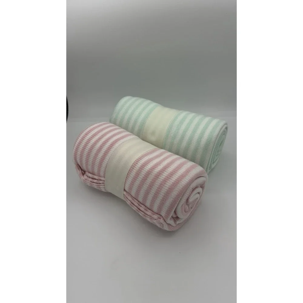 MerryBrite Soft Knit Throw Blanket 50x60 Mint Green & Pink Striped Baby NEW